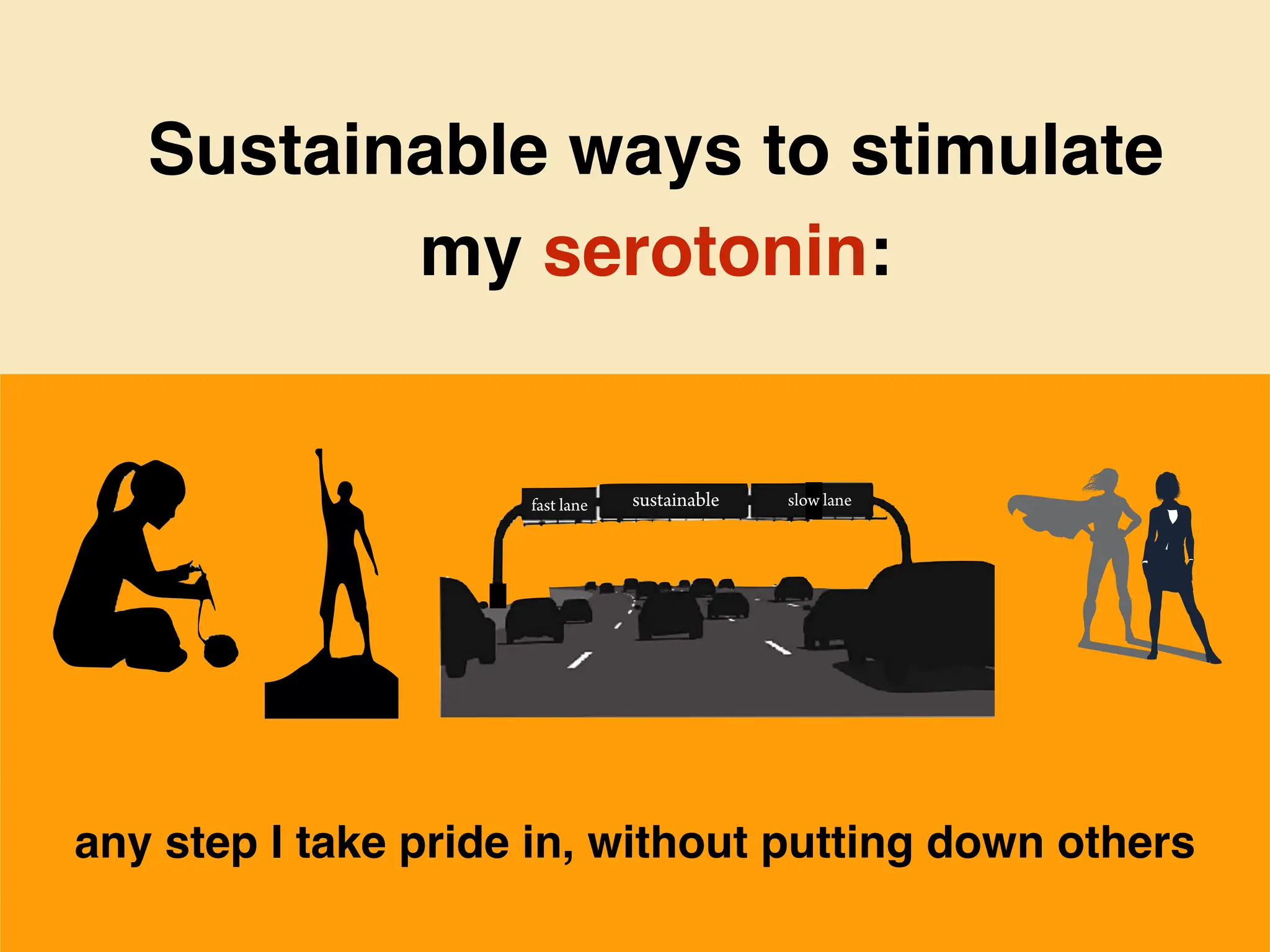 Sustainable ways to stimulate
my serotonin:
any step I take pride in, without putting down others
fast lane sustainable slow lane
 