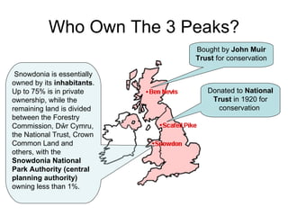 Who Own The 3 Peaks? Snowdonia is essentially owned by its  inhabitants . Up to 75% is in private ownership, while the remaining land is divided between the Forestry Commission, Dŵr Cymru, the National Trust, Crown Common Land and others, with the  Snowdonia National Park Authority (central planning authority)  owning less than 1%.  Bought by  John Muir Trust  for conservation  Donated to  National Trust  in 1920 for conservation  