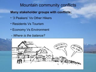 Mountain community conflicts Many stakeholder groups with conflicts; ‘ 3 Peakers’ Vs Other Hikers Residents Vs Tourism Economy Vs Environment  -  Where is the balance?   
