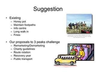 Suggestion Existing Honey pot  Maintain footpaths  Info centre Long walk in Fines Our proposals to 3 peaks challenge Remarketing/Demarketing Charity guidelines Route rotation Recovery year Public transport  