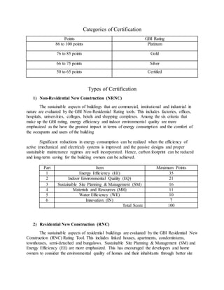 Categories of Certification
Points GBI Rating
86 to 100 points Platinum
76 to 85 points Gold
66 to 75 points Silver
50 to 65 points Certified
Types of Certification
1) Non-Residential New Construction (NRNC)
The sustainable aspects of buildings that are commercial, institutional and industrial in
nature are evaluated by the GBI Non-Residential Rating tools. This includes factories, offices,
hospitals, universities, colleges, hotels and shopping complexes. Among the six criteria that
make up the GBI rating, energy efficiency and indoor environmental quality are more
emphasized as the have the greatest impact in terms of energy consumption and the comfort of
the occupants and users of the building
Significant reductions in energy consumption can be realized when the efficiency of
active (mechanical and electrical) systems is improved and the passive designs and proper
sustainable maintenance regimes are well incorporated. Hence, carbon footprint can be reduced
and long-term saving for the building owners can be achieved.
Part Item Maximum Points
1 Energy Efficiency (EE) 35
2 Indoor Environmental Quality (EQ) 21
3 Sustainable Site Planning & Management (SM) 16
4 Materials and Resources (MR) 11
5 Water Efficiency (WE) 10
6 Innovation (IN) 7
Total Score 100
2) Residential New Construction (RNC)
The sustainable aspects of residential buildings are evaluated by the GBI Residential New
Construction (RNC) Rating Tool. This includes linked houses, apartments, condominiums,
townhouses, semi-detached and bungalows. Sustainable Site Planning & Management (SM) and
Energy Efficiency (EE) are more emphasized. This has encouraged the developers and home
owners to consider the environmental quality of homes and their inhabitants through better site
 