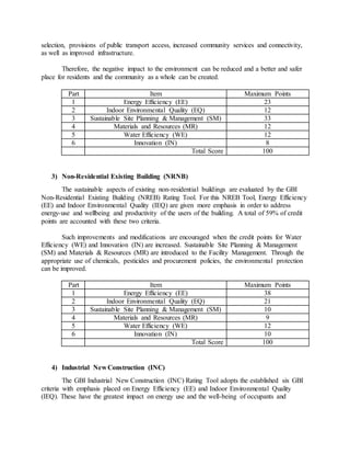 selection, provisions of public transport access, increased community services and connectivity,
as well as improved infrastructure.
Therefore, the negative impact to the environment can be reduced and a better and safer
place for residents and the community as a whole can be created.
Part Item Maximum Points
1 Energy Efficiency (EE) 23
2 Indoor Environmental Quality (EQ) 12
3 Sustainable Site Planning & Management (SM) 33
4 Materials and Resources (MR) 12
5 Water Efficiency (WE) 12
6 Innovation (IN) 8
Total Score 100
3) Non-Residential Existing Building (NRNB)
The sustainable aspects of existing non-residential buildings are evaluated by the GBI
Non-Residential Existing Building (NREB) Rating Tool. For this NREB Tool, Energy Efficiency
(EE) and Indoor Environmental Quality (IEQ) are given more emphasis in order to address
energy-use and wellbeing and productivity of the users of the building. A total of 59% of credit
points are accounted with these two criteria.
Such improvements and modifications are encouraged when the credit points for Water
Efficiency (WE) and Innovation (IN) are increased. Sustainable Site Planning & Management
(SM) and Materials & Resources (MR) are introduced to the Facility Management. Through the
appropriate use of chemicals, pesticides and procurement policies, the environmental protection
can be improved.
Part Item Maximum Points
1 Energy Efficiency (EE) 38
2 Indoor Environmental Quality (EQ) 21
3 Sustainable Site Planning & Management (SM) 10
4 Materials and Resources (MR) 9
5 Water Efficiency (WE) 12
6 Innovation (IN) 10
Total Score 100
4) Industrial New Construction (INC)
The GBI Industrial New Construction (INC) Rating Tool adopts the established six GBI
criteria with emphasis placed on Energy Efficiency (EE) and Indoor Environmental Quality
(IEQ). These have the greatest impact on energy use and the well-being of occupants and
 