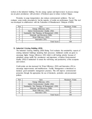 workers in the industrial building. On-site energy capture and improvement in process-energy-
use are given prominence with provision of breakout space to reduce workers' fatigue.
Proximity to cargo transportation also reduces environmental pollution. The tool
evaluates some credits prescriptively but the majority of credits are performance based. This tool
was developed in collaboration with the Federation of Manufacturers Malaysia (FMM).
Part Item Maximum Points
1 Energy Efficiency (EE) 33
2 Indoor Environmental Quality (EQ) 22
3 Sustainable Site Planning & Management (SM) 18
4 Materials and Resources (MR) 10
5 Water Efficiency (WE) 10
6 Innovation (IN) 7
Total Score 100
5) Industrial Existing Building (IEB)
The Industrial Existing Building (IEB) Rating Tool evaluates the sustainablity aspects of
existing industrial buildings including their processes. Additional credits are given to
encourage higher Energy Efficiency (EE) which is still lacking priority because of
subsidised energy tariffs.The prominence and importance of Indoor Environmental
Quality (IEQ) is maintained to ensure the well-being and productivity of the occupants
and workers.
Credit points are also increased for Water Efficiency (WE) and Innovation (IN) to
encourage improvements and modifications. Facility Management is introduced to
inculcate good sustainable management practices. This will improve environmental
protection through the appropriate the use of chemicals, pesticides and procurement
policies.
Part Item Maximum Points
1 Energy Efficiency (EE) 38
2 Indoor Environmental Quality (EQ) 22
3 Sustainable Site Planning & Management (SM) 10
4 Materials and Resources (MR) 8
5 Water Efficiency (WE) 12
6 Innovation (IN) 10
Total Score 100
 