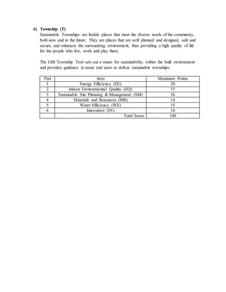 6) Township (T)
Sustainable Townships are livable places that meet the diverse needs of the community,
both now and in the future. They are places that are well planned and designed, safe and
secure, and enhances the surrounding environment, thus providing a high quality of life
for the people who live, work and play there.
The GBI Township Tool sets out a vision for sustainability within the built environment
and provides guidance to assist end users to deliver sustainable townships.
Part Item Maximum Points
1 Energy Efficiency (EE) 20
2 Indoor Environmental Quality (EQ) 15
3 Sustainable Site Planning & Management (SM) 26
4 Materials and Resources (MR) 14
5 Water Efficiency (WE) 15
6 Innovation (IN) 10
Total Score 100
 