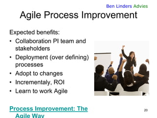Ben Linders Advies

Agile Process Improvement
Expected benefits:
• Collaboration PI team and
stakeholders
• Deployment (ov...