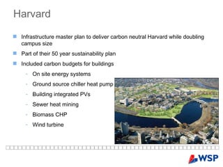 Harvard Infrastructure master plan to deliver carbon neutral Harvard while doubling campus size Part of their 50 year sustainability plan Included carbon budgets for buildings On site energy systems Ground source chiller heat pump Building integrated PVs Sewer heat mining Biomass CHP Wind turbine 