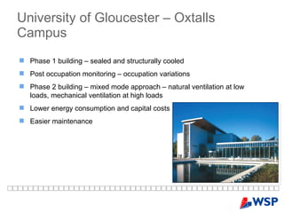 University of Gloucester – Oxtalls Campus Phase 1 building – sealed and structurally cooled Post occupation monitoring – occupation variations Phase 2 building – mixed mode approach – natural ventilation at low loads, mechanical ventilation at high loads Lower energy consumption and capital costs Easier maintenance  
