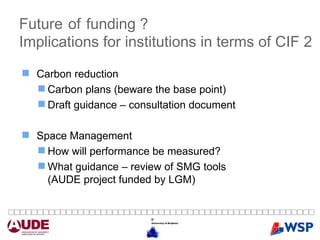 Future   of   funding ?   Implications for institutions in terms of CIF 2 Carbon reduction Carbon plans (beware the base point) Draft guidance – consultation document Space Management How will performance be measured? What guidance – review of SMG tools (AUDE project funded by LGM) 