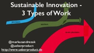 town planners
settlers
pioneers
Sustainable Innovation -
3 Types of Work
@markusandrezak
@ueberproduct
http://www.ueberproduct.de
 