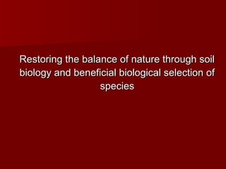 Restoring the balance of nature through soilRestoring the balance of nature through soil
biology and beneficial biological selection ofbiology and beneficial biological selection of
speciesspecies
 