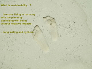 What is sustainability…? … Humans living in harmony with the planet by optimizing well being without negative impacts. … long lasting and cyclical. 