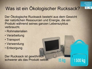 Was ist ein Ökologischer Rucksack? Der Ökologische Rucksack besteht aus dem Gewicht der natürlichen Ressourcen und Energie, die ein Produkt während seines ganzen Lebenszyklus verbraucht. Rohmaterialien Verarbeitung Transport Verwendung Entsorgung Der Rucksack ist gewöhnlich schwerer als das Produkt selbst. v LEHRER PAKET 