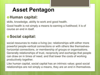 Asset Pentagon
Human capital:
skills, knowledge, ability to work and good health.
Good health is not simply a means to earning a livelihood. It has an
intrinsic value. it is of course an end in itself.
Social capital:
social resources to make a living (ex: relationships with either more
powerful people-vertical connections or with others like themselves-
horizontal connections, or membership of groups or organizations.
Generally relationships of trust, reciprocity and exchange that people
can draw on in times of need, and that lower the costs of working
productively together.
Social capital has an intrinsic value too; good social relationships are
not simply a means, they are an end in themselves.
 