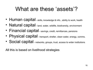 What are these ‘assets’? Human capital   - skills, knowledge & info., ability to work, health  Natural capital  - land, water, wildlife, biodiversity, environment Financial capital  - savings, credit, remittances, pensions Physical capital  - transport, shelter, clean water, energy, comms. Social capital  - networks, groups, trust, access to wider institutions All this is based on livelihood strategies  