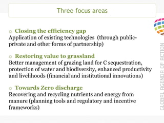 Three focus areas
o Closing the efficiency gap
Application of existing technologies (through public-
private and other forms of partnership)
o Restoring value to grassland
Better management of grazing land for C sequestration,
protection of water and biodiversity, enhanced productivity
and livelihoods (financial and institutional innovations)
o Towards Zero discharge
Recovering and recycling nutrients and energy from
manure (planning tools and regulatory and incentive
frameworks)
 