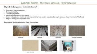 Sustainable Materials – Recycle and Composite – Crete Composites
Why is Crete Composites a Sustainable Material?
- By-product of another industry
- Be sourced locally
- 100% Biodegradable
- Requires less energy for processing
- Grows naturally, and modern forestry standards harvest wood in a sustainable way to preserve the environment of the forest
- Organic or recycled composites used
Examples of Sustainable Indian Crete Composites
Woodcrete Papercrete Stonecrete Fibrecrete Woodwool
Ferrouscrete GypFoamconcreteResin Concrete
 