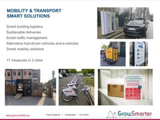 www.grow-smarter.eu Final Conference I GrowSmarter I 03.12.2019
Smart building logistics
Sustainable deliveries
Smart traffic management
Alternative fuel-driven vehicles and e-vehicles
Smart mobility solutions
17 measures in 3 cities
MOBILITY & TRANSPORT
SMART SOLUTIONS
 