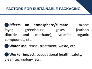 FACTORS FOR SUSTAINABLE PACKAGING
Effects on atmosphere/climate – ozone
layer, greenhouse gases (carbon
dioxide and methane), volatile organic
compounds, etc.
Water use, reuse, treatment, waste, etc.
Worker impact: occupational health, safety,
clean technology, etc.
 