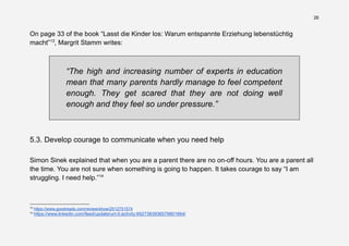26
On page 33 of the book “Lasst die Kinder los: Warum entspannte Erziehung lebenstüchtig
macht”13
, Margrit Stamm writes:
“The high and increasing number of experts in education
mean that many parents hardly manage to feel competent
enough. They get scared that they are not doing well
enough and they feel so under pressure.”
5.3. Develop courage to communicate when you need help
Simon Sinek explained that when you are a parent there are no on-off hours. You are a parent all
the time. You are not sure when something is going to happen. It takes courage to say “I am
struggling. I need help.”14
14
https://www.linkedin.com/feed/update/urn:li:activity:6927383936578801664/
13
https://www.goodreads.com/review/show/2512751574
 