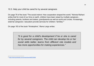 64
10.3. Help your child be cared for by several caregivers
On page 78 of the book “The social instinct: How cooperation shaped the world,” Nichola Raihani
writes that for most of our time on earth, children have been raised by multiple caregivers -
including parents, brothers and sisters, grandparents as well as aunts and uncles. Increasingly,
external caregivers / educators provide services for children / families.31
On page 183 of the book “Kinderjahre”, Remo Largo writes:
“It is good for a child's development if he or she is cared
for by several caregivers. The child can develop his or her
social skills better, learns from different role models and
has more opportunities for making experiences.”
31
https://www.goodreads.com/review/show/4826705286
 