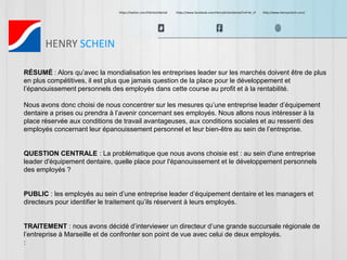 https://twitter.com/HScheinDental https://www.facebook.com/HenryScheinDental?ref=br_tf http://www.henryschein.com/ 
HENRY SCHEIN 
RÉSUMÉ : Alors qu’avec la mondialisation les entreprises leader sur les marchés doivent être de plus 
en plus compétitives, il est plus que jamais question de la place pour le développement et 
l’épanouissement personnels des employés dans cette course au profit et à la rentabilité. 
Nous avons donc choisi de nous concentrer sur les mesures qu’une entreprise leader d’équipement 
dentaire a prises ou prendra à l’avenir concernant ses employés. Nous allons nous intéresser à la 
place réservée aux conditions de travail avantageuses, aux conditions sociales et au ressenti des 
employés concernant leur épanouissement personnel et leur bien-être au sein de l’entreprise. 
QUESTION CENTRALE : La problématique que nous avons choisie est : au sein d'une entreprise 
leader d'équipement dentaire, quelle place pour l'épanouissement et le développement personnels 
des employés ? 
PUBLIC : les employés au sein d’une entreprise leader d’équipement dentaire et les managers et 
directeurs pour identifier le traitement qu’ils réservent à leurs employés. 
TRAITEMENT : nous avons décidé d’interviewer un directeur d’une grande succursale régionale de 
l’entreprise à Marseille et de confronter son point de vue avec celui de deux employés. 
: 
 