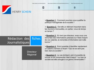 https://twitter.com/HScheinDental https://www.facebook.com/HenryScheinDental?ref=br_tf http://www.henryschein.com/ 
HENRY SCHEIN 
Directeur 
Régional 
Question 1 : Comment pourriez-vous qualifier la 
politique managériale de la société ? 
 Question 2 : Est-elle un élément important dans 
les réunions mensuelles, en parlez -vous de temps 
en temps ? 
Question 3 : En tant que directeur, avez-vous une 
remontée des informations précises sur l’état d’esprit 
de vos salariés, la remontée d’information est-t-elle 
bonne ? 
Question 4 : Est-il possible d’identifier rapidement 
un salarié vraiment à l’écart ? Qui ne se sent pas 
bien dans la société ? 
Question 5 : Le cas échéant, est-t-il possible de 
trouver et de comprendre l’état d’esprit ? ou bien la 
société est-elle aveugle à ce genre d’éventualité ? 
Rédaction des fiches 
Journalistiques 
 