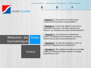https://twitter.com/HScheinDental https://www.facebook.com/HenryScheinDental?ref=br_tf http://www.henryschein.com/ 
HENRY SCHEIN 
Employé 
Question 1 : Pouvez-vous nous décrire les 
conditions de travail dans votre quotidien ? 
Question 2 : En tant que salarié, avez-vous la 
possibilité d’exprimer ou de faire remonter à la 
direction vos requêtes,voire votre mécontentement ? 
 Question 3 : Concernant les commerciaux, 
existe-il une politique de rémunération qui vise à 
motiver encore plus vers la performance ? 
 Question 4 : Au sein de l’entreprise, y-a-t-il un 
sentiment d’appartenance à l’entreprise ? 
 Question 5 : Des relations amicales se sont-elles 
créées par le biais de sorties, soirées ou voyage 
organisé par le CE ? 
Rédaction des fiches 
Journalistiques 
 