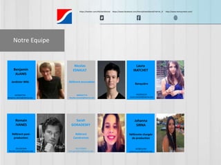 Notre Equipe 
Benjamin 
ALANIS 
Jardinier Wiki 
0674697704 
benjamin.alanis@skema.edu 
. 
https://twitter.com/HScheinDental https://www.facebook.com/HenryScheinDental?ref=br_tf http://www.henryschein.com/ 
Nicolas 
ESNAULT 
Référent Journaliste 
0603937774 
Nicolas.esnault@skema.edu 
Laura 
IRATCHET 
Banquière 
0622816234 
Laura.iratchet@skema.edu 
Romain 
IVANES 
Référent post-production. 
0613267606 
Romain.ivanes@skema.edu 
Sarah 
GORADESKY 
Référent 
Caméraman 
0612760849 
Sarh.goradesky@skema.edu 
. 
Johanna 
SIRNA 
Référente chargée 
de production 
0678631494 
Joahnna.sirna@skema.edu 
 