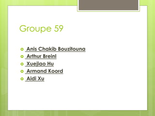 Groupe 59
Anis Chakib Bouzitouna  
›    Arthur Breinl  
›    Xuejiao Hu  
›    Armand Koord  
›    Aidi Xu
› 

 