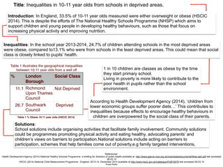 Table 1 illustrates the geographical inequalities
between 10-11 year olds from a well off
% London
Borough
Social Class
11.1 Richmond
Upon Thames
Council
Not Deprived
26.7 Southwark
Council
Deprived
Table 1 % Obese 10-11 year olds (HSCIC 2014)
According to Health Development Agency (2014), ‘children from
lower economic groups suffer poorer diets…’ This contributes to
inequalities because effects to encourage healthy behaviours in
children are overpowered by the social class of their parents.
Solutions:
School solutions include organising activities that facilitate family involvement. Community solutions
could be programmes promoting physical activity and eating healthy, advocating parents’ and
children’s views on barriers to participation.National solutions include acting on barriers to
participation, schemes that help families come out of poverty,e.g family targeted interventions,
Inequalities: In the school year 2013-2014, 24.7% of children attending schools in the most deprived areas
were obese, compared to13.1% who were from schools in the least deprived areas. This could mean that social
class is closely linked to pupils’ health.
Title: Inequalities in 10-11 year olds from schools in deprived areas.
Introduction: In England, 33.5% of 10-11 year olds measured were either overweight or obese (HSCIC
2014). This is despite the efforts of The National Healthy Schools Programme (NHSP) which aims to
support children and young people in developing healthy behaviours, such as those that focus on
increasing physical activity and improving nutrition.
1 in 10 children are classes as obese by the time
they start primary school.
Living in poverty is more likely to contribute to the
poor health in pupils rather than the school
environment.
References:
Health Development Agency (2014) National Healthy Schools Programme: a briefing for directors of public health,available at http://www.gserve.nice.org.uk/nicemedia/documents/Nhss-dph.pdf last accessed
08.03.15
HSCIC (2014) National Child Measurement Programme - England, 2013-14, December 2014 available at http://www.hscic.gov.uk/catalogue/PUB16070 last accessed 06.03.15
Russa Radka
 