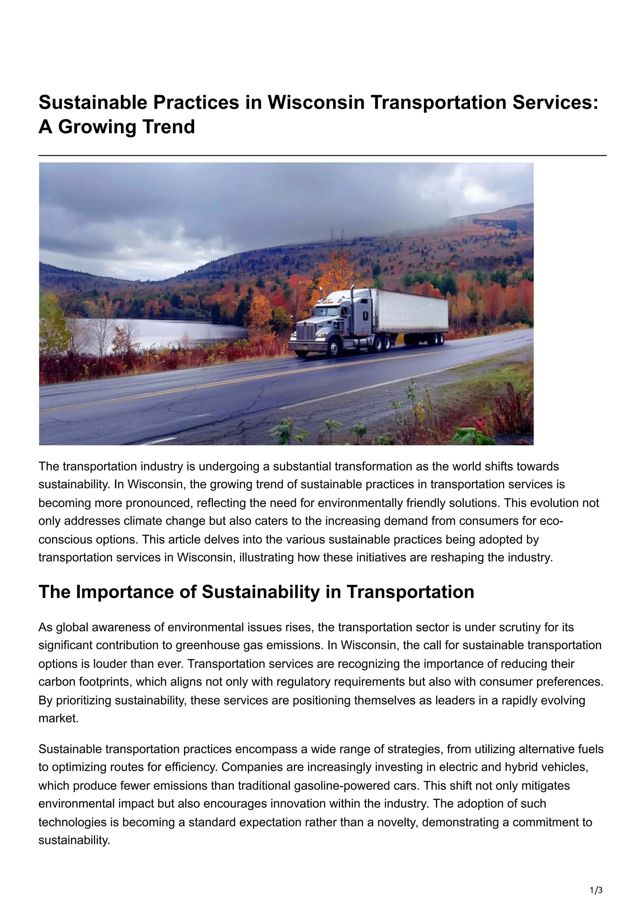Wisconsin Transportation -Sustainable Practices in Wisconsin Transportation Services A Growing ...
