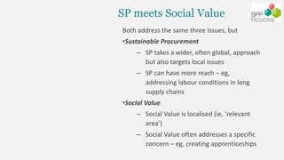 SP meets Social Value
Both address the same three issues, but
•Sustainable Procurement
– SP takes a wider, often global, a...