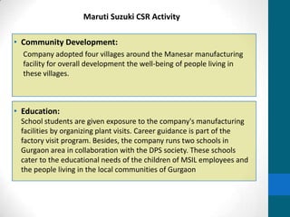 Maruti Suzuki CSR Activity

• Community Development:
  Company adopted four villages around the Manesar manufacturing
  facility for overall development the well-being of people living in
  these villages.



• Education:
 School students are given exposure to the company's manufacturing
 facilities by organizing plant visits. Career guidance is part of the
 factory visit program. Besides, the company runs two schools in
 Gurgaon area in collaboration with the DPS society. These schools
 cater to the educational needs of the children of MSIL employees and
 the people living in the local communities of Gurgaon
 