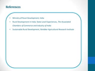 References


  •   Ministry of Rural Development, India
  •   Rural Development in India: State Level Experiences, The Associated
      Chambers of Commerce and Industry of India
  •   Sustainable Rural Development, Nimbkar Agricultural Research Institute
 