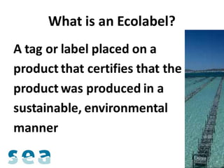 What is an Ecolabel?
A tag or label placed on a
product that certifies that the
product was produced in a
sustainable, environmental
manner
 