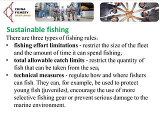 Sustainable fishing
There are three types of fishing rules:
• fishing effort limitations - restrict the size of the fleet
and the amount of time it can spend fishing;
• total allowable catch limits - restrict the quantity of
fish that can be taken from the sea;
• technical measures - regulate how and where fishers
can fish. They can, for example, be used to protect
young fish (juveniles), encourage the use of more
selective fishing gear or prevent serious damage to the
marine environment.
 