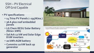 SSH – PV Electrical
Off Grid Capable
▪ PV specifications:
▪ 14Trina PV Panels (~295W/ea.)
▪ 36 A plus roof embedded
panels
▪ LG Chem RESU Solar Battery
(Nine+ kWh)
▪ Sol Ark 12 kW and Solar Edge
8 kW inverters
▪ 20 kWh AGM battery
▪ Cummins 10 kW back up
generator
 