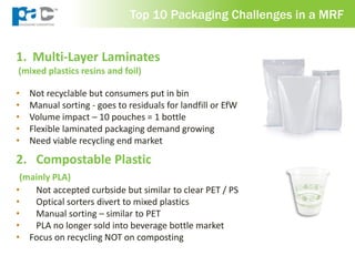 1. Multi-Layer Laminates
(mixed plastics resins and foil)
• Not recyclable but consumers put in bin
• Manual sorting - goes to residuals for landfill or EfW
• Volume impact – 10 pouches = 1 bottle
• Flexible laminated packaging demand growing
• Need viable recycling end market
17
Top 10 Packaging Challenges in a MRF
2. Compostable Plastic
(mainly PLA)
• Not accepted curbside but similar to clear PET / PS
• Optical sorters divert to mixed plastics
• Manual sorting – similar to PET
• PLA no longer sold into beverage bottle market
• Focus on recycling NOT on composting
 