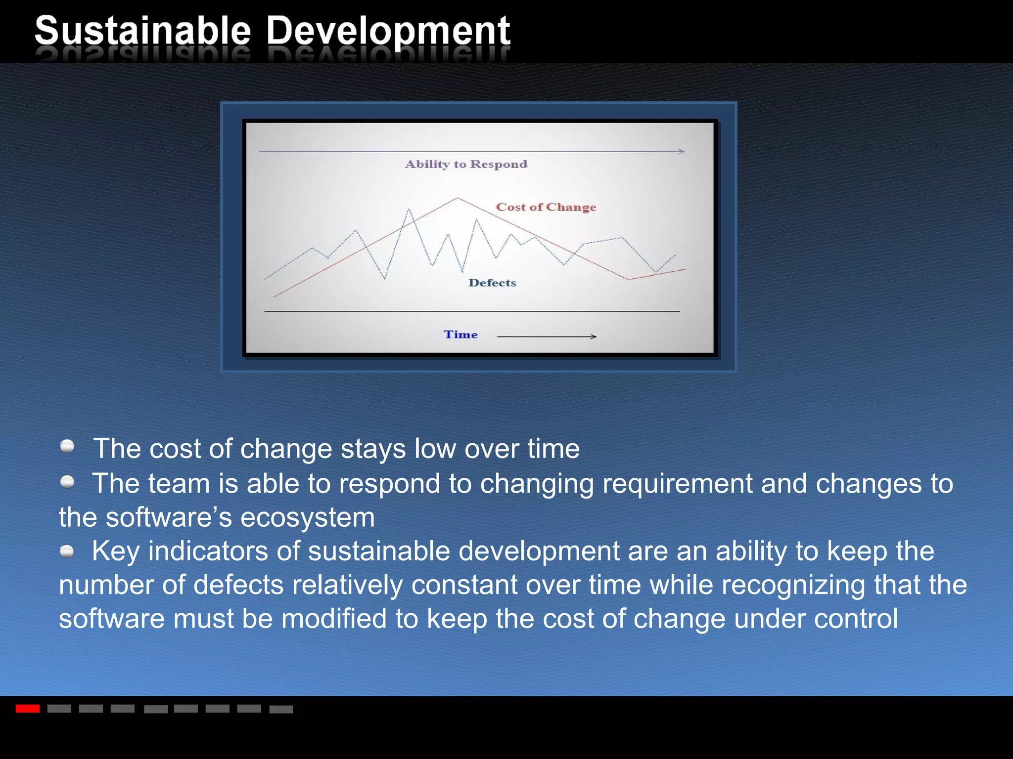 The cost of change stays low over time The team is able to respond to changing requirement and changes to the software’s ecosystem Key indicators of sustainable development are an ability to keep the number of defects relatively constant over time while recognizing that the software must be modified to keep the cost of change under control 