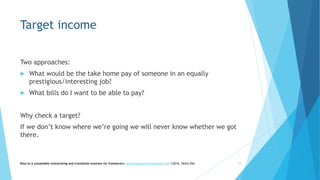 Target income
Two approaches:
 What would be the take home pay of someone in an equally
prestigious/interesting job?
 What bills do I want to be able to pay?
Why check a target?
If we don’t know where we’re going we will never know whether we got
there.
Keys to a sustainable interpreting and translation business for freelancers- gaucha@gauchatranslations.com ©2016, Helen Eby 24
 