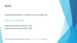 Math
My personal spreadsheet: a simple way to set a target rate
http://wp.me/a5uXWG-5y
Expected translated words/hour: 300
Expected reviewed words/hour: 1000
Keys to a sustainable interpreting and translation business for freelancers- gaucha@gauchatranslations.com ©2016, Helen Eby 31
 