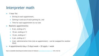 Interpreter math
 1 hour for:
 Driving to each appointment,
 Getting in and out of each parking lot, and
 Time for each appointment to run late
 Realistic appointments:
 8 am, ending at 9,
 10 am, ending at 11
 12 pm, ending at 1
 2 pm, ending at 3
 4 pm: administrative time (not an appointment) – can be swapped for another
block
 4 appointments/day x 5 days/week = 20 appts / week
Keys to a sustainable interpreting and translation business for freelancers- gaucha@gauchatranslations.com ©2016, Helen Eby 32
 