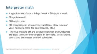 Interpreter math
 4 appointments/day x 5 days/week = 20 appts / week
 80 appts/month
 800 appts/year
 (10 months/year, discounting vacations, slow times of
year, holidays, time for conferences, etc.)
 The two months off are because summer and Christmas
are slow times for interpreters in any field, with schools,
courts and businesses on slow schedules.
Keys to a sustainable interpreting and translation business for freelancers- gaucha@gauchatranslations.com ©2016, Helen Eby 33
 