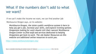 What if the numbers don’t add to what
we want?
If we can’t make the income we want, we can find another job
Worksource Oregon says, on its website:
WorkSource Oregon, the state's public workforce system is here to
help you get a job, increase your skills, and explore training options.
Oregonians looking for work should visit their nearest WorkSource
Oregon Center to find staff and services dedicated to helping
Oregonians get back to work. The Job Seeker Resources on this
website are additional online resources to assist you.
http://www.worksourceoregon.org/
Keys to a sustainable interpreting and translation business for freelancers- gaucha@gauchatranslations.com ©2016, Helen Eby 39
 