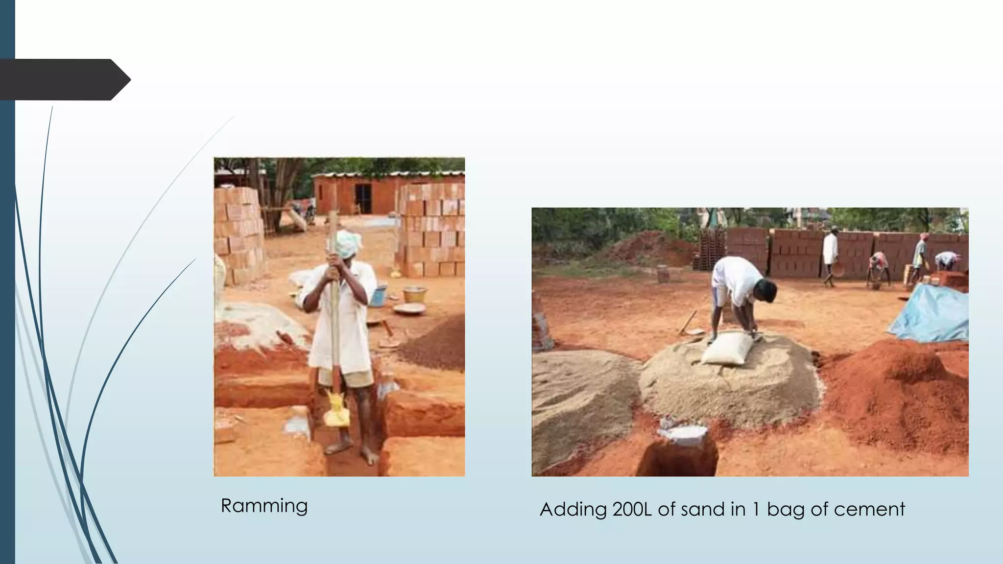 Lifting the frame 
Ramming Adding 200L of sand in 1 bag of cement 
 