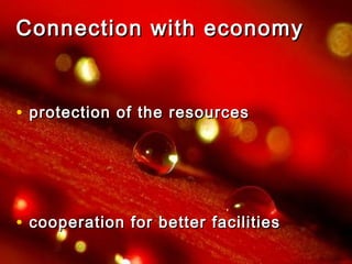 Connection with economyConnection with economy
• protection of the resourcesprotection of the resources
• cooperation for better facilitiescooperation for better facilities
 
