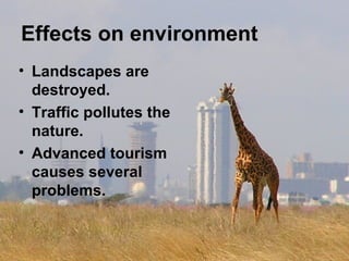 Effects on environment
• Landscapes are
destroyed.
• Traffic pollutes the
nature.
• Advanced tourism
causes several
problems.
 
