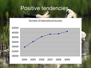 Positive tendencies
Number of international tourists
30000
32000
34000
36000
38000
40000
42000
2004 2005 2006 2007 2008 2009
 