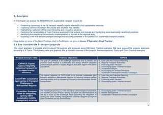 14
3. Analysis
In this chapter we analyse the INTERREG IVC sustainable transport projects by:
Presenting a summary of the 16 transport related projects selected for the capitalisation exercise;
Exploring common challenges they tackle and solutions they identify;
Highlighting a selection of the most interesting and innovative solutions;
Exploring the transferability of Good Practice examples in the projects and policies and highlighting some exemplary transferred practices;
Identifying the conditions for successful implementation of policies at the regional level;
Exploring in the final section synergies amongst the solutions presented in INTERREG IVC sustainable transport projects.
More details on some of the Good Practices cited in this Chapter are given in Annex 4 ‘Exemplary Good Practice’.
3.1 The Sustainable Transport projects
This report analyses 16 projects which involved 192 partners and produced some 530 Good Practice examples. We have grouped the projects’ examples
according to 9 Topics. The following table and graphics offer a synthetic overview of the projects, themes/objectives, Topics and Good Practice examples.
Project Acronym / title Themes/ Objectives TOPICS
CAPRICE: Capital
regions integrating
collective transport for
increased energy
efficiency
The goal of CAPRICE is to exchange experience and to identify and
promote Good Practice in sustainable and energy efficient integrated
public transport policies in Capital Regions and other regions with dense
populations.
A. Land Use And Transport Planning;
B. Regional Transport Authorities
C. Financing public transport
D. Encouraging public + shared transport
G. Accessible transport
H. Encouraging low emission transport
I. Sustainable Transport Awareness Campaigns
CATCH-MR: Cooperative
Approaches to Transport
Challenges in
Metropolitan Regions
The overall objective of CATCH-MR is to promote sustainable joint
transport solutions in Metropolitan Regions by reducing transport without
reducing mobility and by increasing the share of environmentally friendly
transportation.
A. Land Use And Transport Planning;
B. Regional Transport Authorities
C. Financing public transport
D. Encouraging public + shared transport
Cyclecities: European
cities for integrating
cycling within
sustainable mobility
management schemes
The overall goal of CYCLECITIES is to carry out exchanges of experience
and transfers of Good Practice among European city administrations as
well as to build up the knowledge base supporting the integration of
cycling into urban mobility management schemes designed to improve
traffic conditions and city environments.
D. Encouraging public + shared transport
E. Mobility Management
I. Sustainable Transport Awareness Campaigns
 