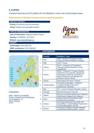 50
6. FLIPPER
Transport Services and ICT platform for Eco-Mobility in urban and rural European areas
PROJECT DETAILS
Priority: Environment and risk prevention
Theme: Energy and sustainable transport
TYPE OF INTERVENTION
Type of intervention: Regional Initiative Project
Duration: 01/09/2008 - 30/11/2011
Website: www.interreg4cflipper.eu
BUDGET
Total budget: EUR 2,695,700
ERDF contribution: EUR 2,088,025
PARTNERSHIP
Lead partner:
SRM – Networs and Mobility
(Public Transport Authority Bologna)
Via A. Magenta, 16
40128, Bologna
ITALY
Country Institution, Town
1 Italy
SRM – Networs and Mobility (Public
Transport Authority Bologna), Bologna
2 Italy ATAF, Firenze
3 Greece
AUTh – University of Thessaloniki,
Transport Systems Research Group,
Thessaloniki
4 Austria
BOKU - Institute for Transport Studies,
Department of Landscape, Spatial and
Infrastructure Sciences, University of
Natural Resources and Applied Life
Sciences, Vienna, Vienna
5 Austria Municipality of Purbach, Purbach
6 United kingdom
University of Aberdeen – Centre for
Transport Research,School of
Geosciences, Aberdeen
7 Italy ATL - Livorno Transport Operator, Livorno
8 Portugal Almada City Council, Almada
9 Ireland
Ring a Link (Carlow Kilkenny and Tipperary
South Rural Transport Ltd), Kilkenny
10 Spain
Insular Council of Formentera, Sant
Francesc de Formentera
11 Greece
Municipal Organization for Health and
Social Affairs - Social Welfare Organization
of Volos Municipality, VOLOS
12 Greece
Municipal Entreprise of Social Protection
and Solidarity (KEKPA-DIEK), VOLOS
Improvement of flexible transport services against pollution:
 